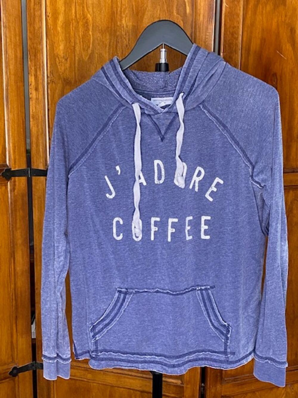 Grayson Threads Women’s Small bluegray J’ADORE COFFEE Distressed Pullover Hoodie